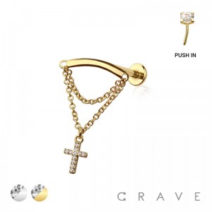 MULTI CZ CROSS DANGLE CHAIN TOP 316L SURGICAL STEEL THREADLESS (PUSH IN ) LABRET SET